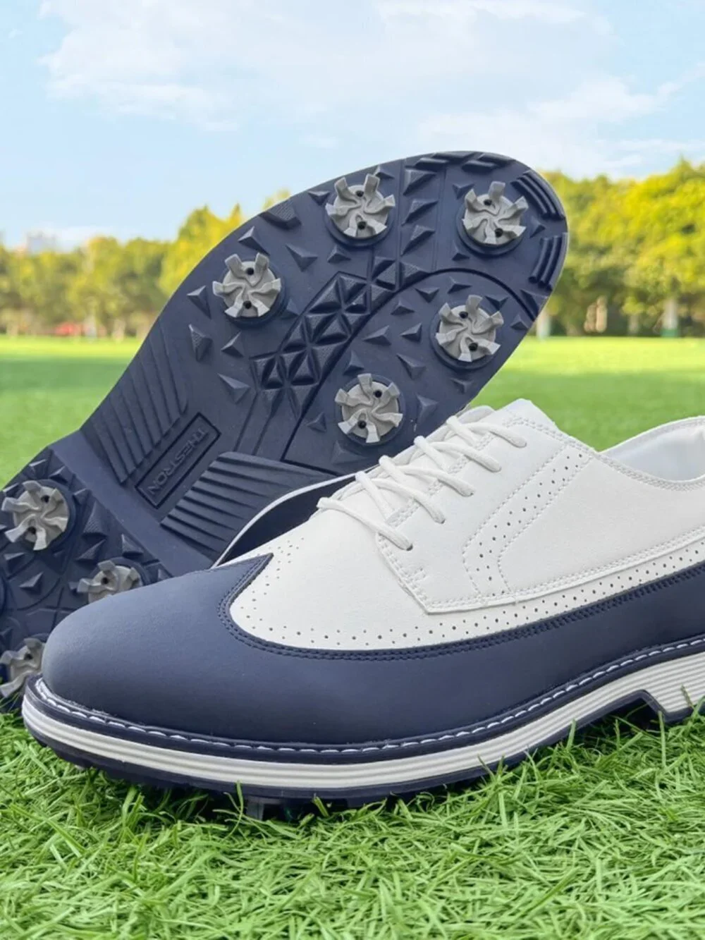 Men's Blue Spikes Classic Golf Footwear Walking Sneakers Golfers Golf Shoes